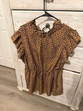 SHEIN Brown Leopard Print Ruffle Peplum Blouse